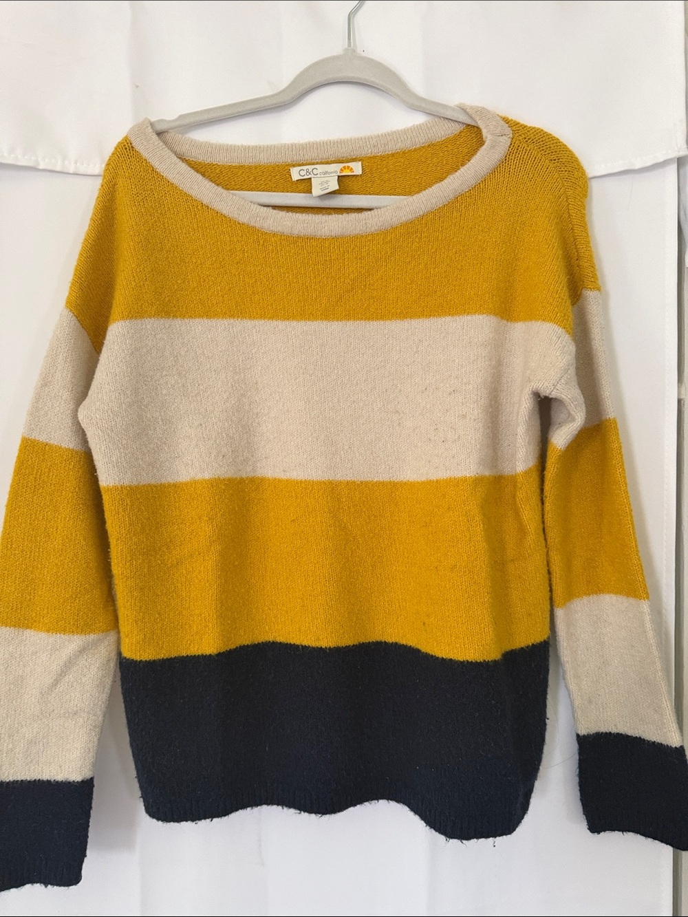 C&C California Wide-Stripe Crewneck Sweater in Mustard, Cream & Navy
